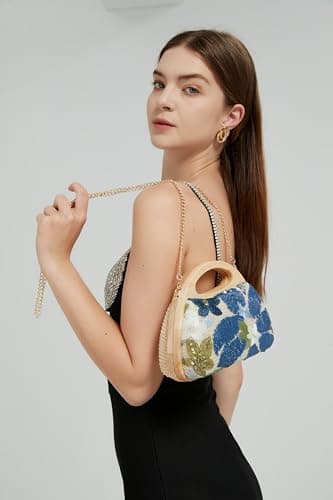 UMREN Women Sparkly Sequin Embroidered Flower Evening Handbag Straw Clutch Purse Top handle Formal Party Wedding Shoulder Bag