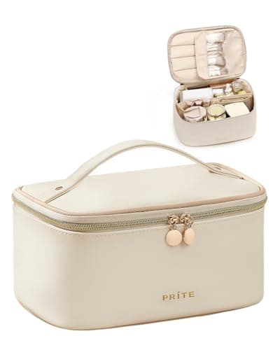 Prite Makeup Bag, Large Capacity Portable Travel Cosmetic Bag, Waterproof Makeup Organizer for Women with Handle and Divider (001 Beige)