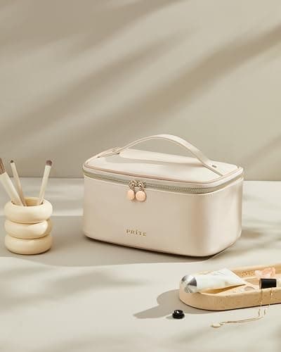 Prite Makeup Bag, Large Capacity Portable Travel Cosmetic Bag, Waterproof Makeup Organizer for Women with Handle and Divider (001 Beige)