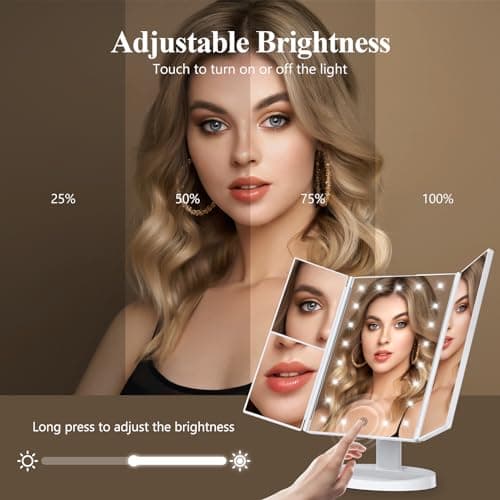 HUONUL Makeup Mirror, Gifts for Mom Mothers Day, Vanity Mirror with Lights, 2X/3X/10X Magnification, Touch Control, Trifold, Dual Power Supply, Birthday Gifts for Women, Girls, Dorm Room Essentials
