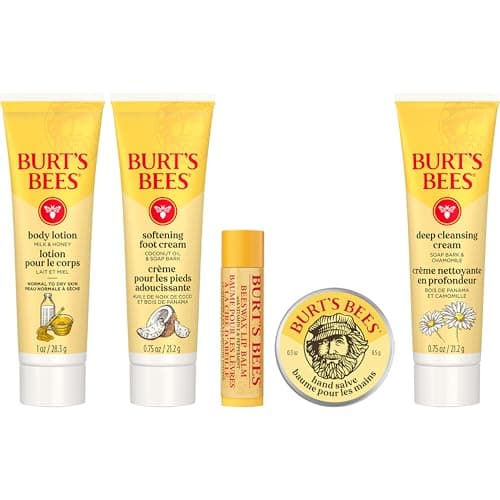 Burt's Bees Mothers Day Gifts Ideas - Essentials Everyday Set, 5 Travel Size Products - Deep Cleansing Cream, Hand Salve, Body Lotion, Foot Cream and Original Lip Balm