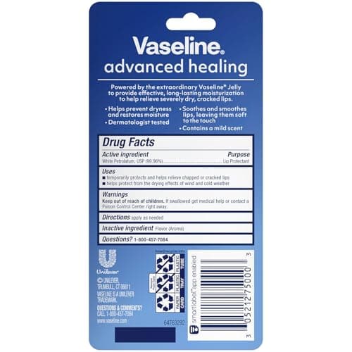 Vaseline Lip Therapy Advanced Healing 3-Pack – White Petroleum Moisturizing Lip Balm for Extremely Dry Lips, 0.35 Oz Ea