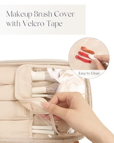 Prite Makeup Bag, Large Capacity Portable Travel Cosmetic Bag, Waterproof Makeup Organizer for Women with Handle and Divider (001 Beige)