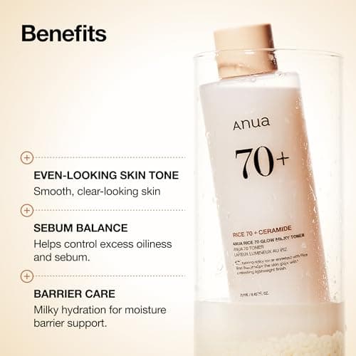 Anua Rice 70 Glow Milky Toner, Glass & Dewy Skin, Hydrating & Barrier Care, Rice Water, Niacinamide, Ceramides, All Skin Types, Fragrance-Free, Non Comedogenic, Korean Skincare, 8.45 fl.oz.