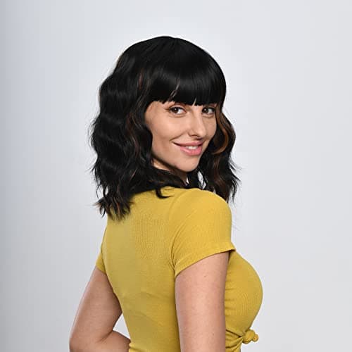 Ucubb Black Mixed Brown Wig for Black Women 14 Inch Short Wavy Hair Wigs Curly Bob Wig with Bangs Wigs Shoulder Length Wigs for Black Women Bob Style Synthetic Heat Resistant