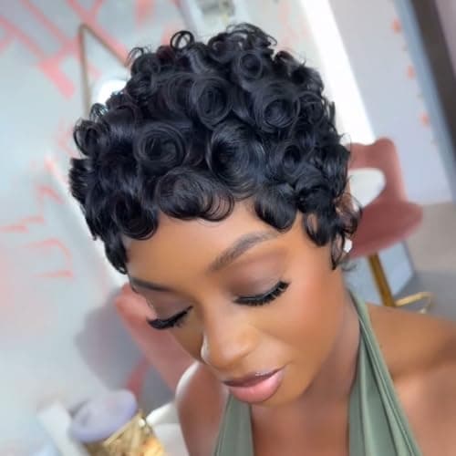 VRZ Pixie Cut Wigs for Black Women Brazilian Curly Pixie Cut Wig Human Hair Glueless Short Layered Wigs With Bangs Natural Black Color No Glue Human Hair Wig for Daily Use