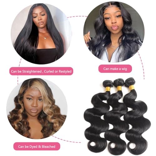 Body Wave Bundles Human Hair 14 16 18 Inch Human Hair Bundle 100% Unprocessed Brazilian Virgin Hair 3 Bundles Human Hair Extensions for Black Women Natural Color