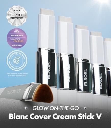 ELROEL Blanc Cover Cream Stick V White - Korean Color-Changing Foundation Stick with Volufiline - Medium to Full Coverage Dewy Finish Base Makeup - Dual-Ended with Detachable Brush (203 Medium)