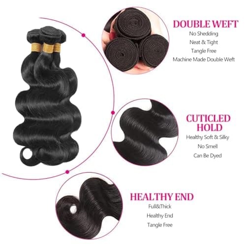 Body Wave Bundles Human Hair 14 16 18 Inch Human Hair Bundle 100% Unprocessed Brazilian Virgin Hair 3 Bundles Human Hair Extensions for Black Women Natural Color