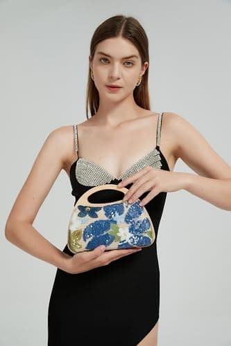 UMREN Women Sparkly Sequin Embroidered Flower Evening Handbag Straw Clutch Purse Top handle Formal Party Wedding Shoulder Bag