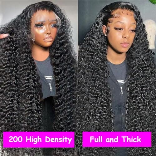 Rozilo 30 Inch Deep Wave Lace Front Wigs Human Hair 200 Density 13x4 HD Lace Frontal Wigs Human Hair Pre Plucked Deep Curly Glueless Wigs Human Hair for Women Natural Black