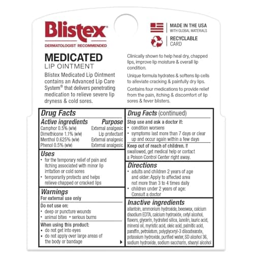 Blistex Medicated Lip Ointment, 0.21 Ounce Tube, Relieves Cold Sores & Helps Heal Dry Chapped Lips, Pain Relief from Lip Sores & Blisters, Healing Ointment, 3 Count(1 Pack)