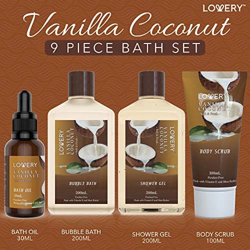Gifts For Women Gift Basket for Women– Mothers Day Gifts for Mom, 9 Piece Set of Vanilla Coconut Home Spa Set, Luxurious Bath and Body Set, Includes Fragrant Lotions, Large Bath Bombs, Coconut Oil