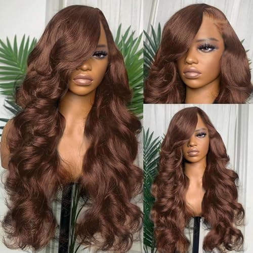 SFTNMEH 30 Inch Chocolae Brown Lace Front Wig 200 Density 13X6 HD Boay Wave Lace Front Wigs Human Hair Pre Plucked Colored Frontal Glueless Brown Human Hair Wig for Women