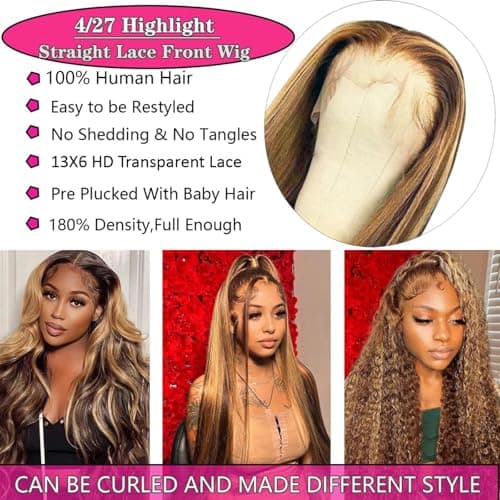 Cypha Ombre Lace Front Wig Human Hair 28inch 13x6 Straight Highlight Wig Human Hair 180% Density 4/27 Colored Honey Blonde HD Lace Frontal Wigs For Women Glueless Pre Plucked with Baby Hair