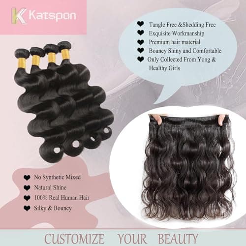 Katspon 12A Human Hair Bundles 20 22 24 26 Inch Body Wave 100% Unprocessed Brazilian Virgin Hair 4 Bundles Human Hair Extensions Quick Weave Natural Black