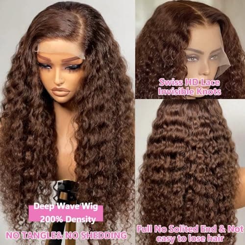 GXTKI 30Inch Chocolate Brown Human Hair Wig 200 Density 13x6 HD Deep Wave Lace Front Wigs Human Hair Colored Deep Curly Lace Frontal Wigs Glueless Wig Brown Wig Wigs for Women