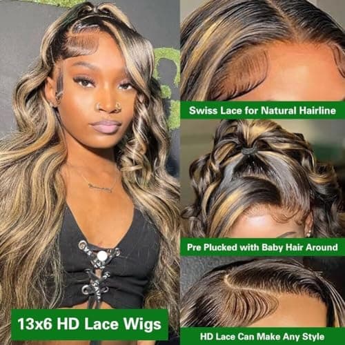 QUANDIAN 28 Inch 13x6 Balayage Highlight Lace Front Wig Human Hair 13x6 HD Lace Front Wigs Human Hair Body Wave Wig 180% Density FB/27 Colored Frontal Wigs Glueless for Women Ombre