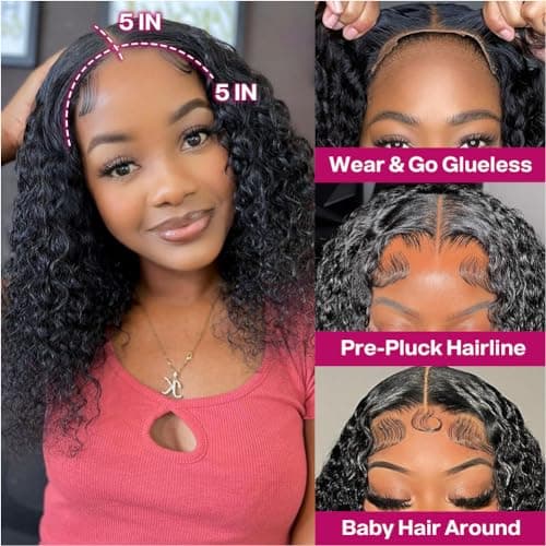 Ailwelia Curly Bob Wig Human Hair Deep Wave Glueless Wigs Human Hair Pre Plucked Pre Cut 5x5 Wear And Go Glueless HD Lace Closure Wigs Human Hair For Black Women 200% Density Black Color 14 Inch