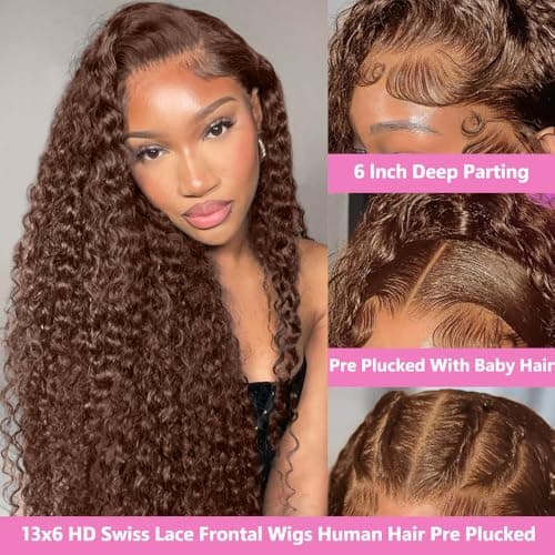 GXTKI 30Inch Chocolate Brown Human Hair Wig 200 Density 13x6 HD Deep Wave Lace Front Wigs Human Hair Colored Deep Curly Lace Frontal Wigs Glueless Wig Brown Wig Wigs for Women