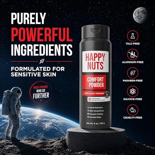 HAPPY NUTS Comfort Powder Deodorant For Men: Anti-Chafing, Sweat and Odor Control for Jock Itch, Aluminum-Free, 6 oz (1 Pack), Original Scent