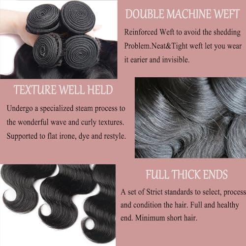 Katspon 12A Human Hair Bundles 20 22 24 26 Inch Body Wave 100% Unprocessed Brazilian Virgin Hair 4 Bundles Human Hair Extensions Quick Weave Natural Black
