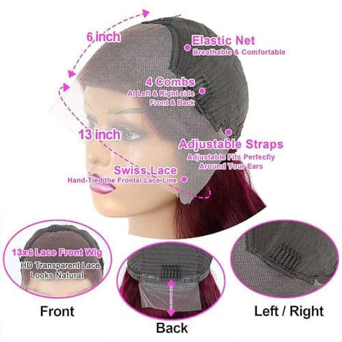 QZOQZO 28 Inch 99j Burgundy Lace Front Wigs Human Hair Red Burgundy Wig 180% Density 13x6 Body Wave Lace Front Wigs Pre Plucked Glueless Lace Front Wigs Human Hair for Women