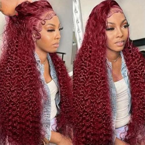 Bworto 30 Inch Burgundy Wig Human Hair 99j Burgundy 13x6 Deep Wave Lace Front Wigs Human Hair Pre Plucked HD Transparent Lace Frontal Wigs for Black Women Red Colored Wig
