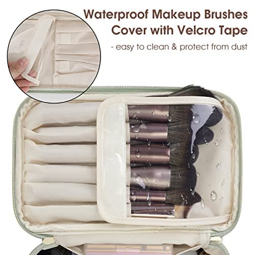 Wandering Nature Makeup Bag, Travel Make Up Organizer Cosmetic Brush Bags Case for Women in Vegan Leather, Sage Green, Patent Pending