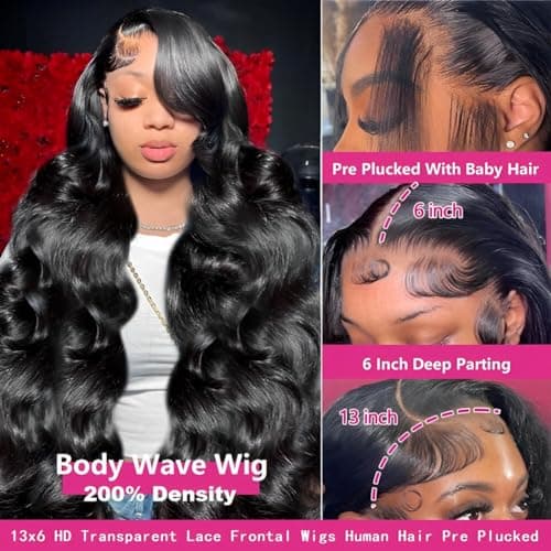 oveflect 30Inch 13x6 HD Lace Front Wig - 200% Density Body Wave Human Hair - Pre-Plucked Glueless Virgin Hair, Natural Look