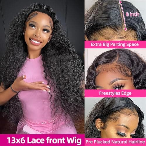 KVFCT 30 Inch Deep Wave Lace Front Wigs Human Hair 13x6 HD Transparent Deep Wave Lace Front Wigs for Women 200% Density Curly Lace Front Wig Pre Plcked Deep Wave Wigs with Baby Hair