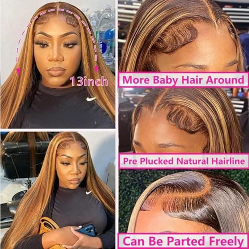 Cypha Ombre Lace Front Wig Human Hair 28inch 13x6 Straight Highlight Wig Human Hair 180% Density 4/27 Colored Honey Blonde HD Lace Frontal Wigs For Women Glueless Pre Plucked with Baby Hair
