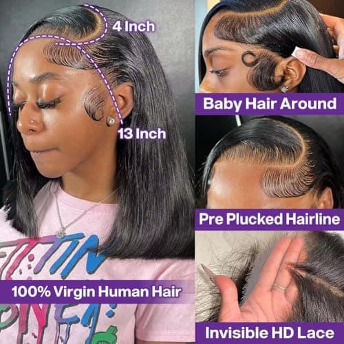 HIRIREMY Bob Wig Human Hair 13x4 HD Lace Frontal Short Straight Lace Front Bob Wigs for Black Women Human Hair Pre Plucked Glueless Side Part 180% Density Black Color 14 Inch