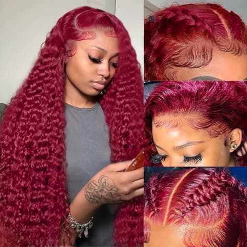 Bworto 30 Inch Burgundy Wig Human Hair 99j Burgundy 13x6 Deep Wave Lace Front Wigs Human Hair Pre Plucked HD Transparent Lace Frontal Wigs for Black Women Red Colored Wig
