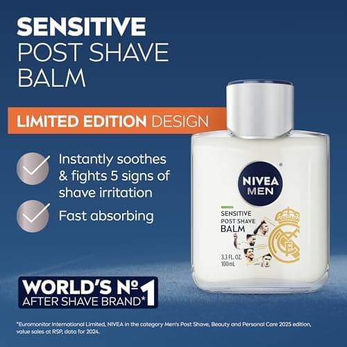NIVEA MEN Real Madrid Limited Edition Design Sensitive Post Shave Balm, with VitaminPro Complex, Alcohol Free After Shave Balm for Men, 3.3 Fl Oz Bottle