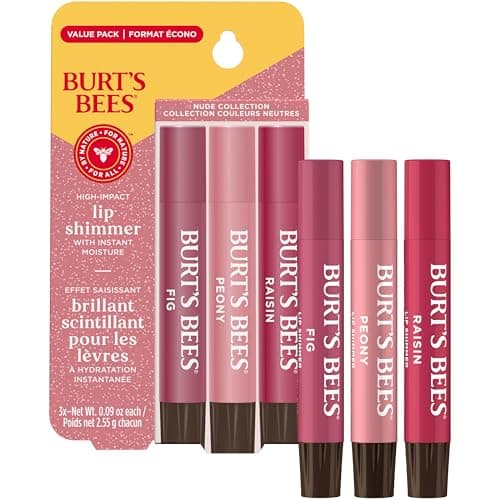 Burt's Bees Lip Shimmer Nude Collection, Tinted Lip Balm Stick, Moisturizing for All Day Hydration with Natural Glowy Pigmented Finish & Buildable Color, 3 Warm Shades; Value Pack, 3 Tubes x 0.09 Oz