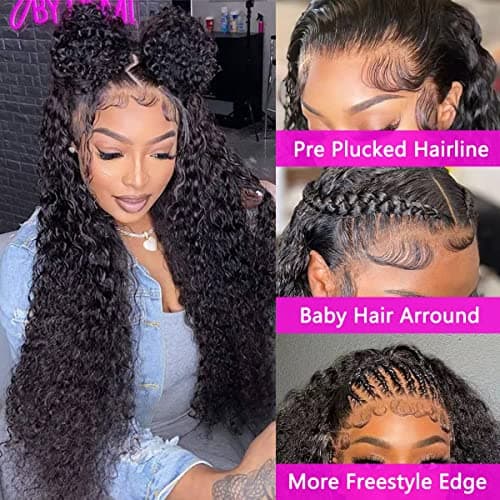 WPPIKK 13x4 Lace Front Wigs Human Hair Pre Plucked 180 Density Brazilian Wet and Wavy Human Hair Wigs for Black Women Glueless Curly Lace Frontal Wig Natural Color (22 Inch)