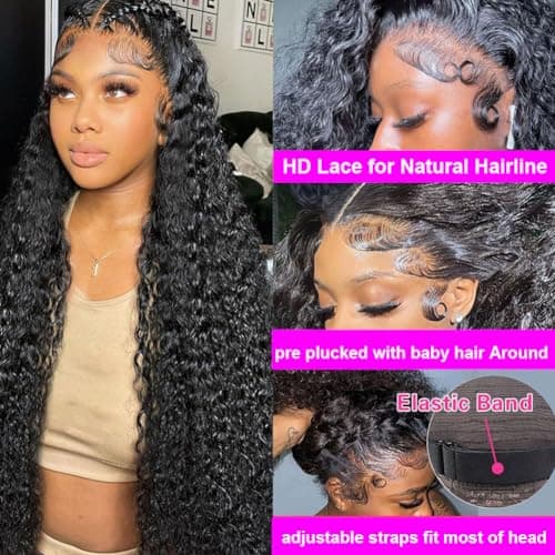 Rozilo 30 Inch Deep Wave Lace Front Wigs Human Hair 200 Density 13x4 HD Lace Frontal Wigs Human Hair Pre Plucked Deep Curly Glueless Wigs Human Hair for Women Natural Black