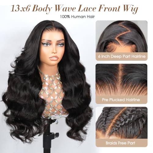 Yamikk 13x6 Body Wave Lace Front Wigs Human Hair Pre Plucked Pre Bleached 180 Density Soft Human Hair Wigs For Women 28 Inch HD Lace Frontal Wig With Baby Hair