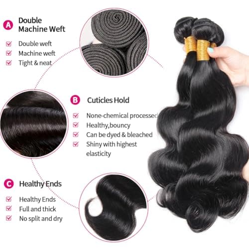 12A Body Wave Bundles Human Hair 16 18 20 Inch Human Hair Bundles 100% Unprocessed Brazilian Virgin Hair 3 Bundles weave for Black Women Natural Color