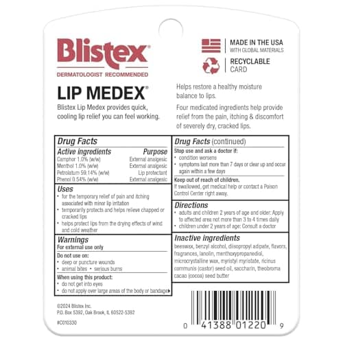 Blistex Lip Medex, 0.25 Ounce, Medicated Relief with Immediate Cooling, Soothes and Protects, Advanced Hydration, Restores Healthy Moisture Balance to Lips, 3 Count, 1 Pack