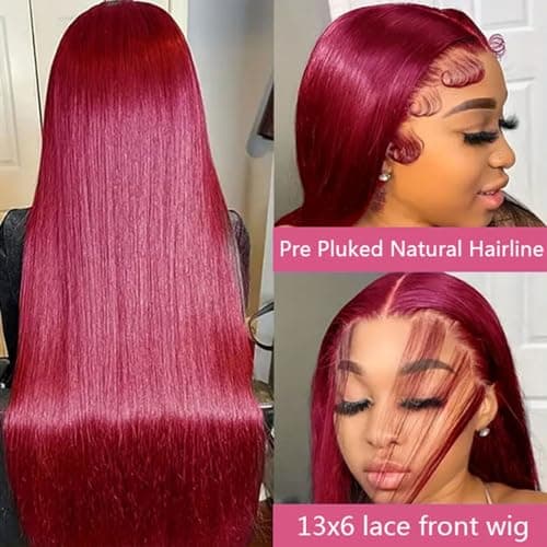 Fiumer Burgundy Wig Human Hair 28inch 13x6 HD Transparent Lace Straight 99J Red Human Hair Wig Colored Reddish Brown Lace Frontal Wigs 180% Density Pre Plucked