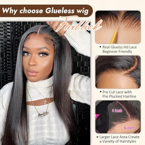 Wear and Go Glueless Wigs Human Hair Pre Plucked Pre Cut 6x4 Straight Lace Front Wigs Human Hair Wigs for Women No Glue Hd Lace Front Closure Ready to Wear Wigs 180% Density 20 Inch Natural Black