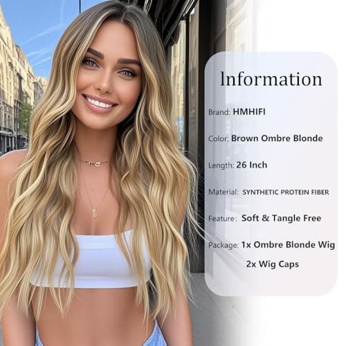 HMHIFI Long Ombre Blonde Wigs for Women 26 inch Long Wavy Middle Part Wig Ombre Blonde Wigs Upgraded Protein Fiber Hair Replacement Wig Cosplay Costume Halloween Wig(26'' Brown Ombre Blonde)