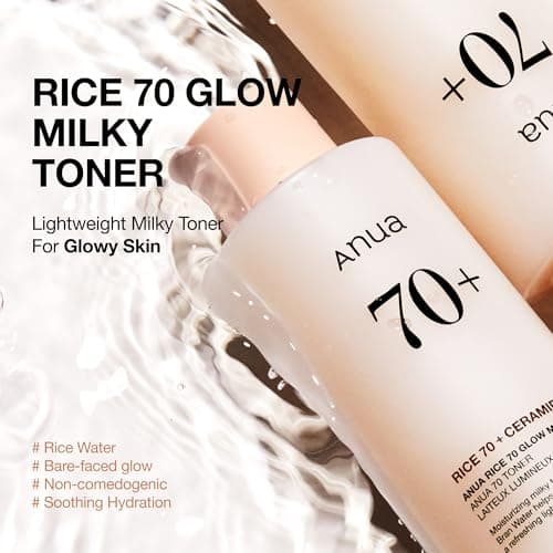 Anua Rice 70 Glow Milky Toner, Glass & Dewy Skin, Hydrating & Barrier Care, Rice Water, Niacinamide, Ceramides, All Skin Types, Fragrance-Free, Non Comedogenic, Korean Skincare, 8.45 fl.oz.