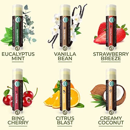 Earth's Daughter USDA Organic Lip Balm 6-Pack - Fruit Flavors, Beeswax, Coconut Oil, Vitamin E - Best Lip Repair Chapstick for Dry Cracked Lips - Moisturizing Lip Care
