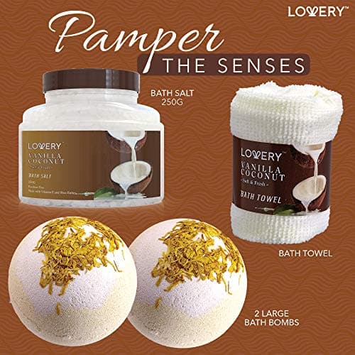Gifts For Women Gift Basket for Women– Mothers Day Gifts for Mom, 9 Piece Set of Vanilla Coconut Home Spa Set, Luxurious Bath and Body Set, Includes Fragrant Lotions, Large Bath Bombs, Coconut Oil