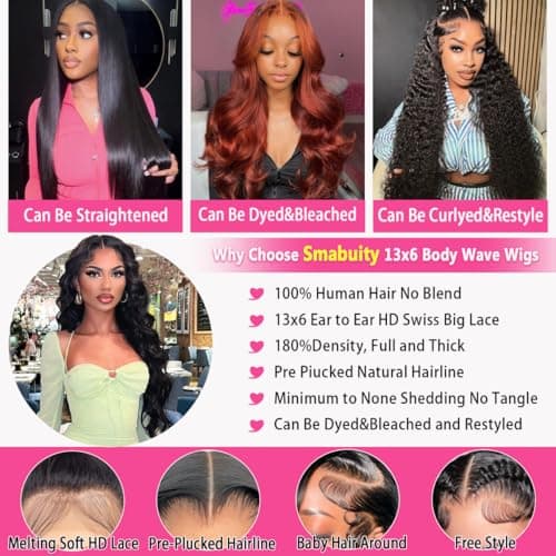 Smabuity 13x6 Body Wave Lace Front Wigs Human Hair Pre Plucked, 180% Density HD Transparent Glueless Lace Frontal Wigs with Baby Hair for Women, 26 Inch
