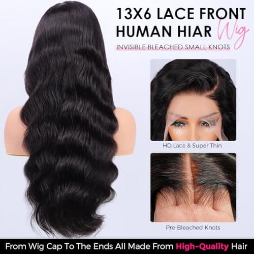 Wingirl 13x6 Body Wave Lace Front Wigs Human Hair Pre plucked Pre bleached Small Knots With Baby Hair 200 Density Glueless Human Hair Wigs For Women 28Inch HD Lace Frontal Wig With Soft