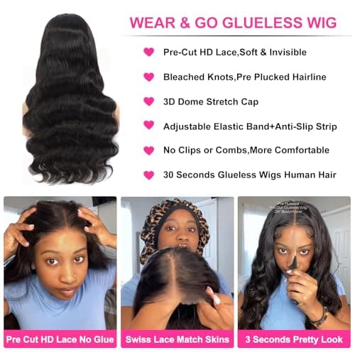 Uveous 28 Inch Wear and Go Glueless Wigs Human Hair Pre Plukced Pre Cut 5x5 Hd Lace Closure Wigs Human Hair for Women 180% Density Ready to Wear Glueless Body Wave Lace Front Wigs No Glue Wigs